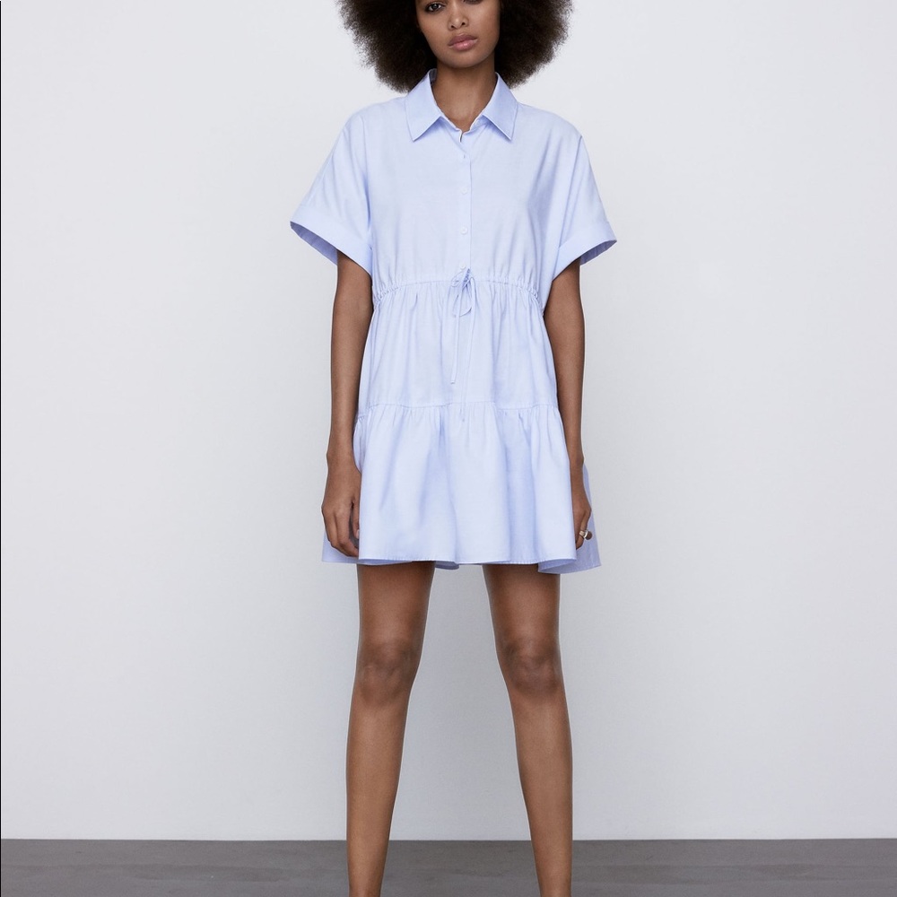 Light Blue Short Sleeve Shirt Dress with Drawstring Waist